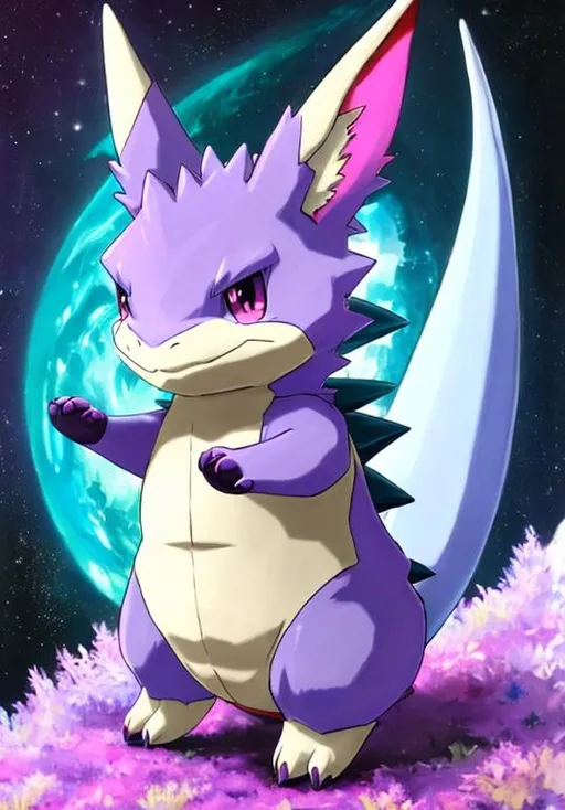Prompt: UHD, , 8k,  oil painting, Anime,  Very detailed, zoomed out view of character, HD, High Quality, Anime, , Pokemon, Nidorino is a light-purple, quadrupedal mammalian Pokémon with hard skin. It has several darker purple patches across its body. It has large, spiny ears with teal insides, narrow black eyes, and a long snout with two pointed teeth protruding from the upper jaw. Nidorino has a ridge of toxic spines on its back and a long pointed horn on its forehead. The horn is harder than a diamond and capable of secreting poison on impact. The more adrenaline Nidorino has in its body, the more potent the poison is. Its short legs have three claws on each foot. Nidorino is a male-only species.

Nidorino is independent, nervous, and fierce, and it is often described as violent and easily angered. It uses its ears to check its surroundings. If it senses a hostile presence, all the barbs on its back bristle up at once, and it challenges the foe with all its might. Nidorino's harder-than-diamond horn can destroy diamonds, and it uses that horn to destroy boulders in its search for Moon Stones. Nidorino live in hot savannas and plains.
Pokémon by Frank Frazetta
