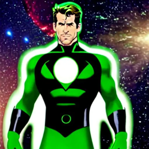 Prompt: Hal Jordan Ryan Reynolds Inspired, Green-Glowing-Cape floating in deep outer-space 