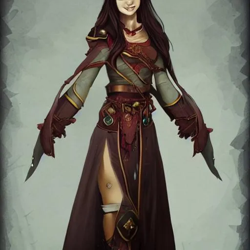 Prompt: female blood mage with long brown hair, dnd character profile, concept art from art station