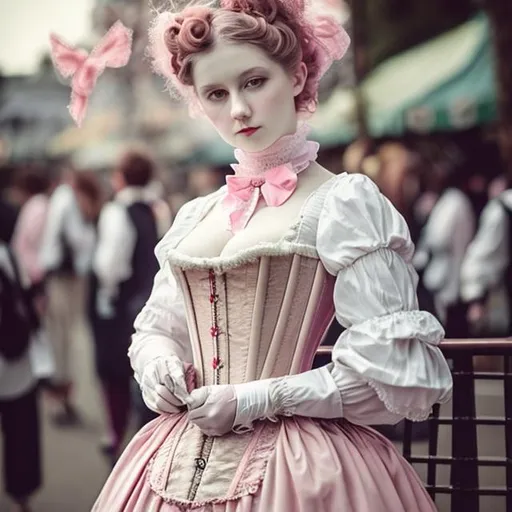 Prompt: Victorian era woman, corset, beautiful, pastel pink, harajuku