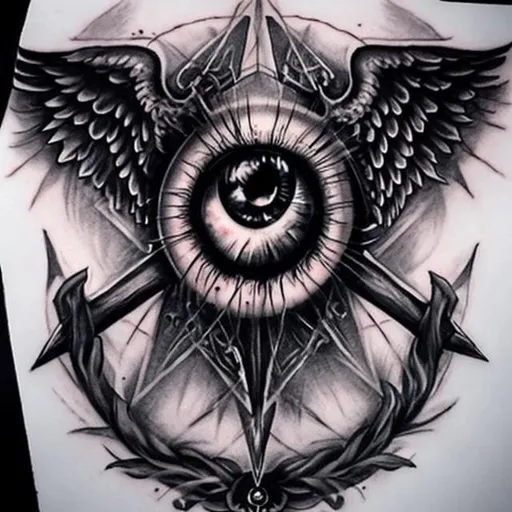Prompt: BLACK AND GREY ALL SEING EYE TATTOO DESIGN, REALISTIC, INSIDE MIDDLE OF A PENTAGRAM , WITH ANGEL WINGS