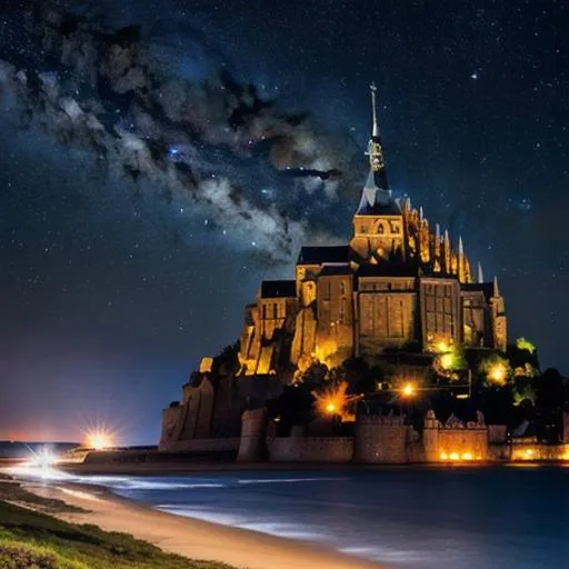 Prompt: Mont Saint-Michel, dark night sky with milky way, 

long shot scenic professional photograph of the starry sky, perfect viewpoint, highly detailed, wide-angle lens, hyper realistic, with dramatic sky, polarizing filter, natural lighting, vivid colors, everything in sharp focus, HDR, UHD, 64K