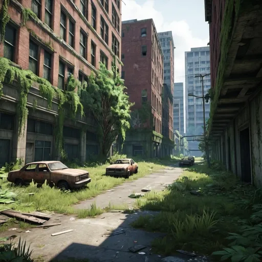 Prompt: Abandoned overgrown city from the last of us video game