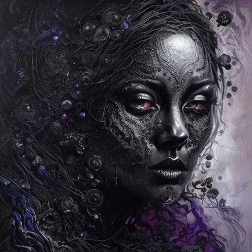 Prompt: "Obsidian Whispers" captures the essence of the dark inner reality through a mesmerizing oil painting. Veiled in a rich palette of deep purples, velvety blacks, and lustrous gold accents, the artwork reveals a hauntingly beautiful figure whose eyes reflect a myriad of emotions. Her cryptic expression invites viewers to explore the profound secrets she conceals within, while intricate patterns of dark vines and delicate feathers symbolize the intricate complexity of the human psyche.