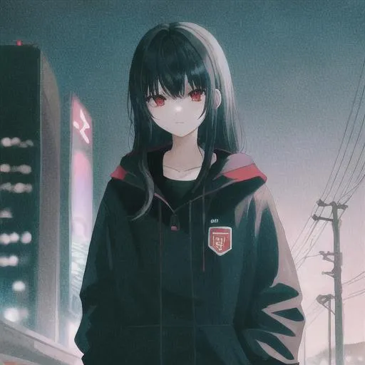 Prompt: Girl with red eyes black hair that fades into a light blue around 15 years old in the future in a city at night with flashing lights running from the cops 