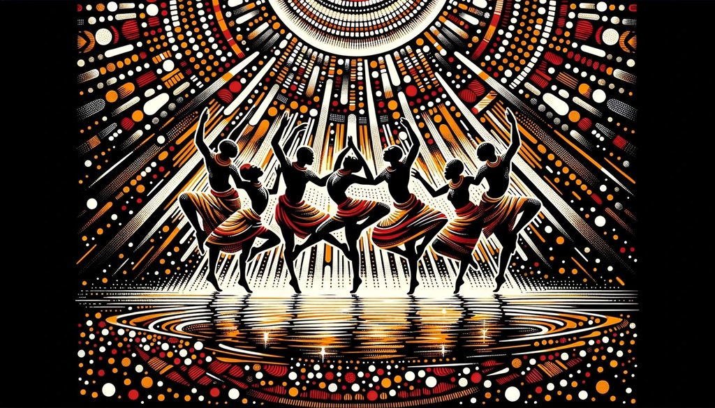 Prompt: Illustration in 16:9 ratio where dancers, rooted in African traditions, are the focal point. They are depicted in a bold black and orange print, with the backdrop illuminated by sunrays, creating a play of sparkling reflections on water. The style and color palette, enriched with hues of red and amber, pay homage to the artistic legacies of renowned painters.