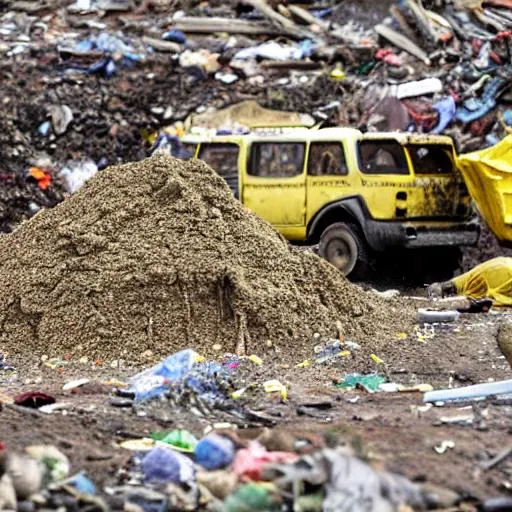 Prompt: Pile of Dirt, Yellow Must, Disgusting Revolting, Dingy, Ingrain, (IMPORT), Impoverished, Polluted Waters (Widespan)