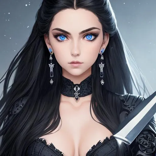 Prompt: An insanely beautiful girl around 21 years old. wearing black skull earrings. holding a sharp dagger in one hand. perfect anatomy, symmetrically perfect face. beautiful deep blue eyes. beautiful long black wavy hair. no extra limbs or hands or fingers or legs or arms. full body view.