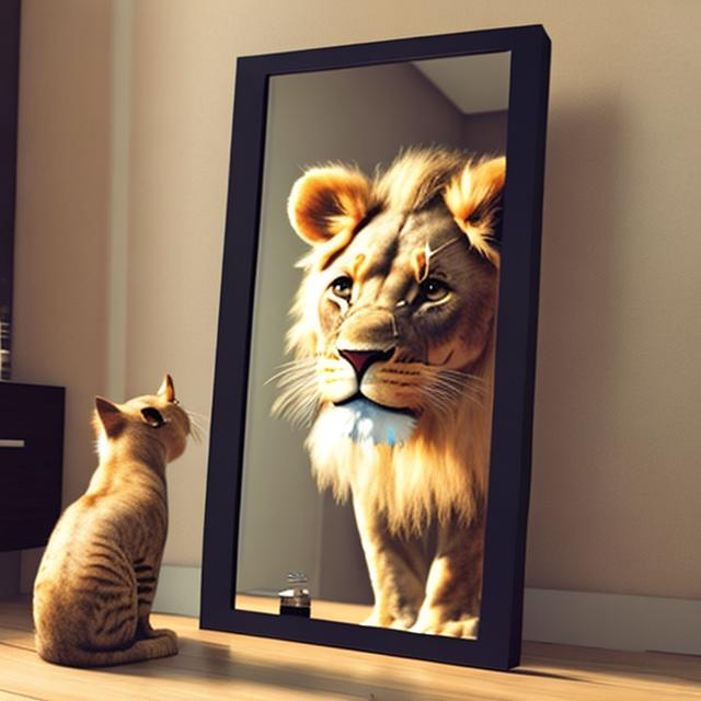 a cute little cat looking at mirror and see herself...