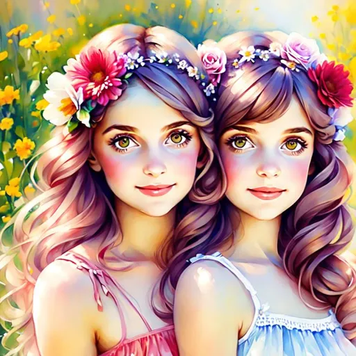 Prompt: two  cute girls, flowers in hair, surrounded by flowers
