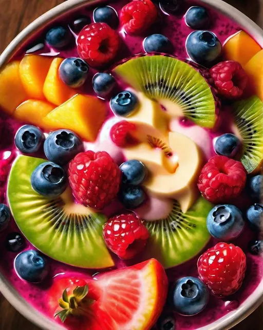 Prompt: ((Delicious Summer)) - Savor the sight of an ethereal smoothie bowl, bursting with vibrant fruits and colors. Lighting: Bright and natural daylight. Mood: Refreshing and delightful., Photorealistic, taken on an iPhone, deep shadows, savory 