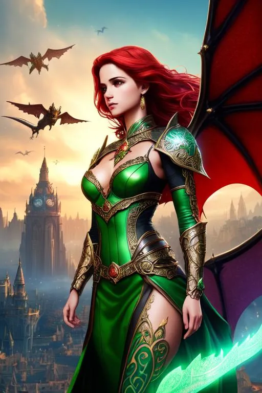Prompt: full body curvy female cleavage, fantasy, intricate detail, Detailed face, asymmetrical eyes, cleavage, photo realistic, hyperrealism, artstation, HD, 4K, dynamic lighting, layered bright red hair, magical fantasy art, fantasy world skyline, dragons flying in background model: Naomi Scott,
a flying feminine in a green armoured scale dress and dark fantasy theme, ((sexy pale woman)) who has ((energetic blue eyes)), ((succubus dragon queen with red hair)) with tribal cueitl, serious facial expression, cherry blossoms, large horns on head, huge dragon green wings