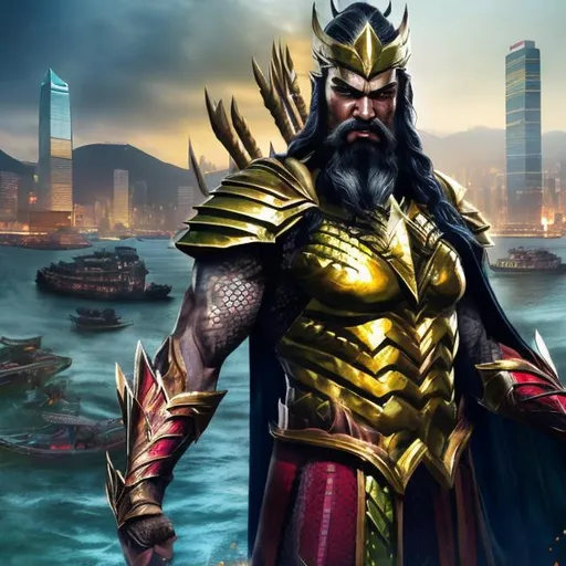 Prompt: one hybrid superhero character, Mix Guan Yu and aquaman, in realistic background of  Hong Kong Harbour , firm facial expression, long beard, detailed armor and cape, 4K, detailed facial expression, superhero, vibrant colors, intense gaze, advertisement-worthy, realistic, detailed illustration, professional, vibrant lighting
