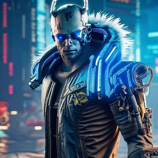 Prompt: Cyberpunk 2077 Cyborg beast. With blue anime fur, fighting, long hair, 