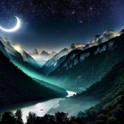 Prompt: Dark night. Shining stars, the moon aluminating 
the light to  the mountain the rivers flowing. Huge forest
