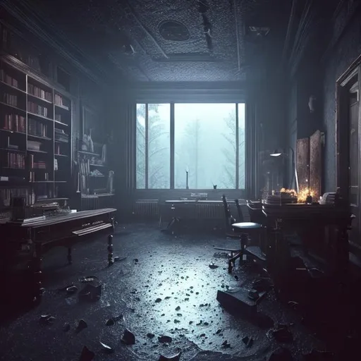 Prompt: A room with dark academia aesthetic, with long floor to ceiling windows covered in mist and rain. A fire place on the left side of the room and a lone table with only two chairs across from it. It is nighttime outside and the moon illuminates the room with the silver blue light. The only source of light is from the moon . On the table are books and notes scattered all over it. Keep the fourth image you made and add on the table books. Through the windows someone could see the roofs of poor houses. 