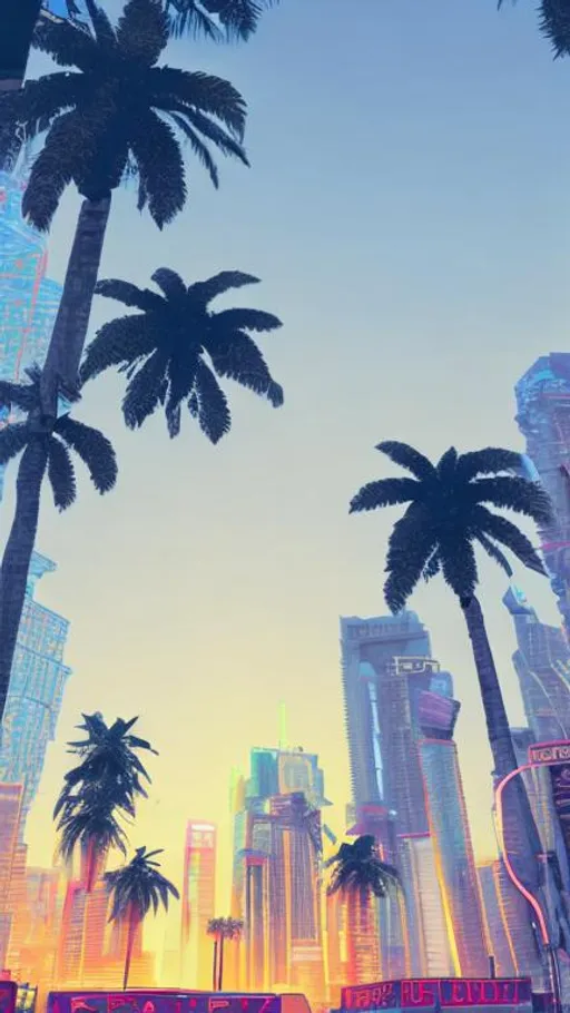 Prompt: vaporwave city, neon lighting, beautiful sunset, palm trees, Retro, high quality, 4k, visible sun