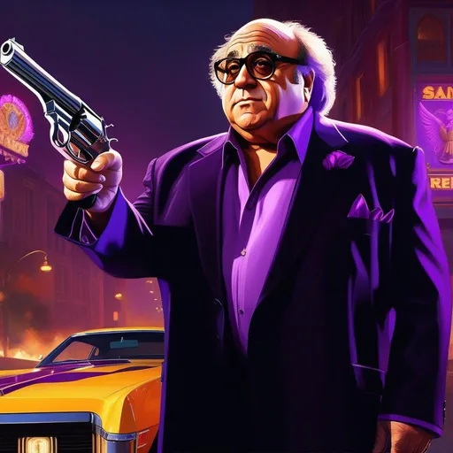 Prompt: Danny Devito in Saints Row, guns, purple atmosphere, cartoony style, extremely detailed painting by Greg Rutkowski and by Henry Justice Ford and by Steve Henderson
