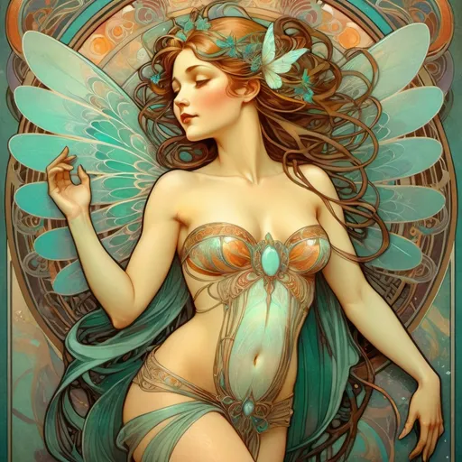 Prompt: Alphonse Mucha style, art nouveau illustration, full body bare breasted Ukrainian woman, fairy wings made of Amazonite, feeling pleasure, thick lines, intricate details, beautiful colors, high quality, art nouveau, detailed wings, elegant, intricate linework, vibrant colors, graceful pose, professional, atmospheric lighting