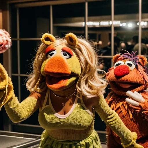 Prompt: Furious muppet Karen throwing food and causing a fight at Chipotle, angry, yelling, muppets 