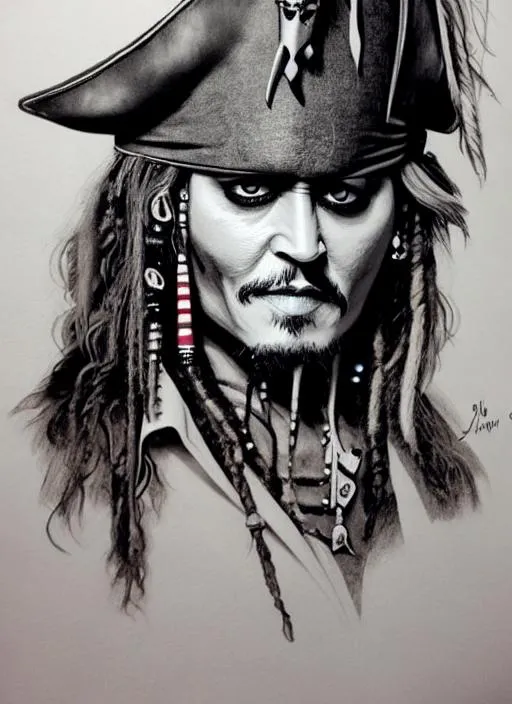 Prompt: Pencil painting of Johnny Depp as Captain Jack Sparrow, funny, positive mood 