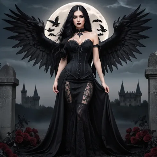 Prompt: A tall dark angel woman, with long black hair, brown eyes, black long wings, dressed with a black laces corset. She is adorned in an elegant black long dress with intricate lace details and stunning black roses. The background is a landscape with a goth castle, with big black wolves, fullmoon, and black skulls on the ground. Full body photo.