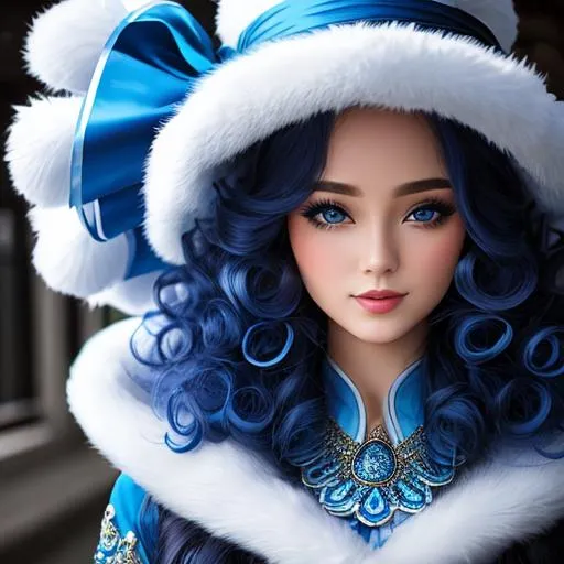Prompt: Lady all in blue, Long curly hair, face front, ((blue fashion