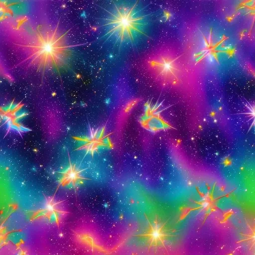 Prompt: Metallic rainbow morning glories in outer space in the style of Lisa frank