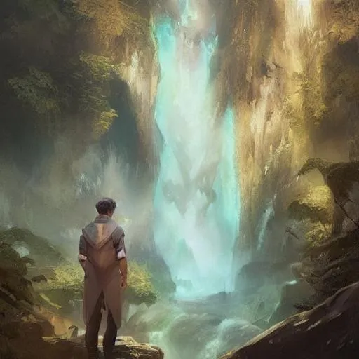 Prompt: a man standing in front of a waterfall, mystical sci-fi concept art by Artgerm and Greg Rutkowski, digital art