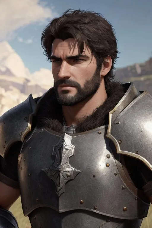 Prompt: portrait of male paladin with black hair and with rugged face, very hairy chest and armpits, arena, perfect composition, hyperrealistic, super detailed, 8k, high quality, trending art, trending on artstation, sharp focus, studio photo, intricate details, highly detailed