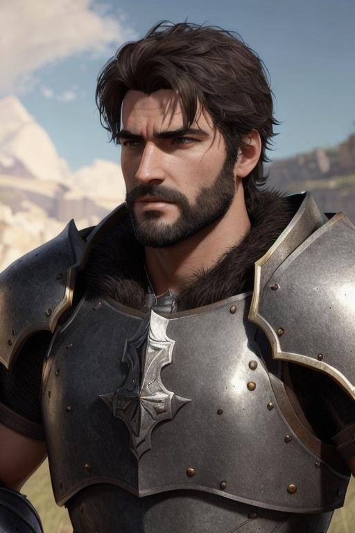 portrait of male paladin with black hair and with ru...