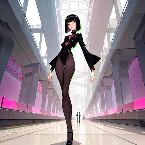 Prompt: a lonely AI man, very tall, thick thighs, wide hips, long legs, slender arms, slender waist, big beautiful symmetrical eyes, intriguingly beautiful face, aloof expression, bob haircut with bangs, wearing Brutalist Hyper-Feminine Genderpunk fashion clothes, high fashion, 12K resolution, hyper quality, hyper-detailed, hyper-realistic, hyper-professional