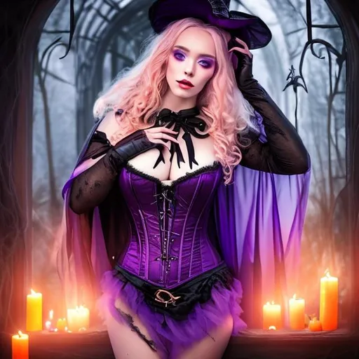 Prompt: Beautiful blonde witch wearing a sheer purple and orange corset mini dress with a hooded cape bewitching a man under her spell, cinematic, realistic, 64k, life-like, spooky, 3D, UHD, soft grade, sharp, Halloween theme
