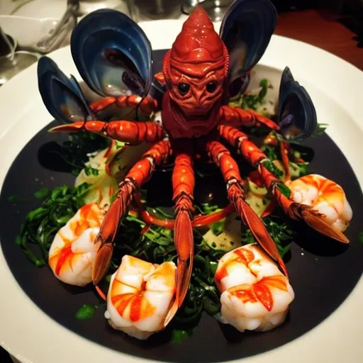 Prompt: create a seafood dish that a Ferengi would eat.   It has to look alien style for a star trek post


