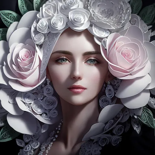 Prompt: Ultra realistc woman in white dress with white hair. Around white and pink roses. White backgroung. An intricate detailed white 3D paper patchwork, quilling intricate details 