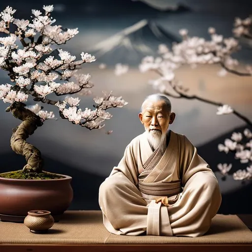 Prompt: Old wise Japanese man, sitting in meditation, floating, war in background. Bonsai, big blossom