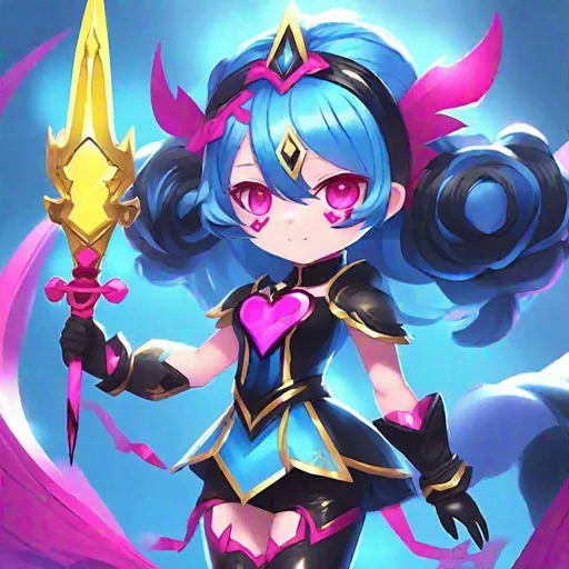 Prompt: Invisible Magical Transformation Girl, blue-black costume with deep fuchsia trim, black heart gem, deep fuchsia horns, dark blue with dark fuchsia highlights crown braid hairstyle, glowing yellow eyes, blue and sky-blue sword, sky-blue claws, blue-black tail, blue and yellow arm wings, masterpiece, best quality