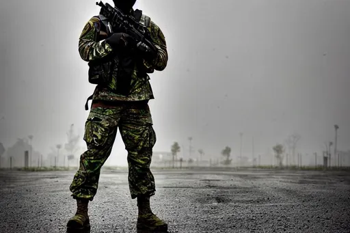 Prompt: HDR, professional, 8k, best version, masterpiece, army soldier wearing 
 black mask and black camo
 standing in the rain aesthetic