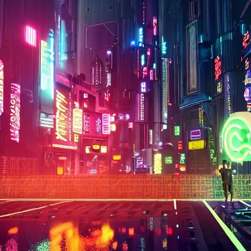 Prompt: Large cyberpunk skyscraper, colourful neon signs, streets filled with people, foggy atmosphere, style of Blade Runner