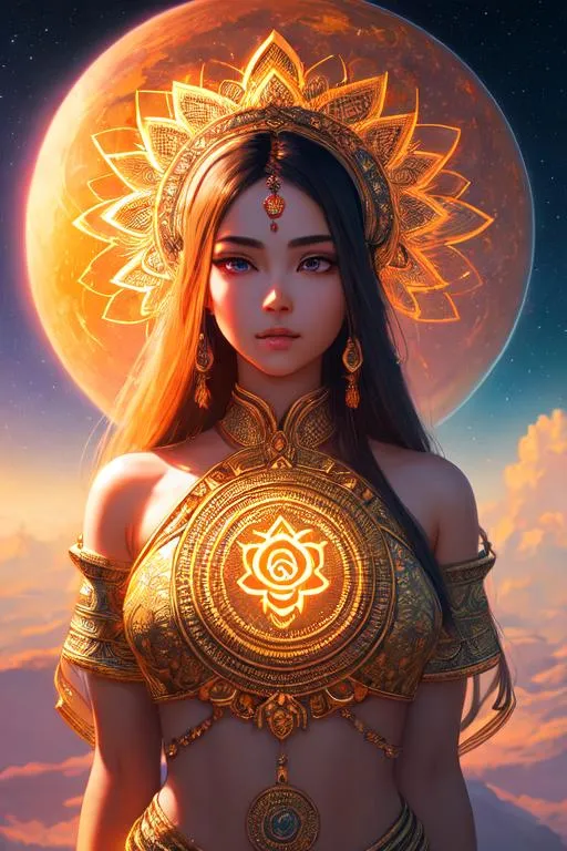 Prompt: hyperdetailed intricate enigmatic, a lot of glowing aum symbols floating in the air,

masterpiece intricate hyperdetailed ultra realistic girl, detailed face, hopeful,

scenic view space with very wide angle,

colorful glamorous sunshine,

WLOP, Greg Rutkowski, 128K resolution,