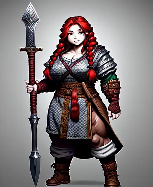 Splash art of a very short female dwarven holy warri...