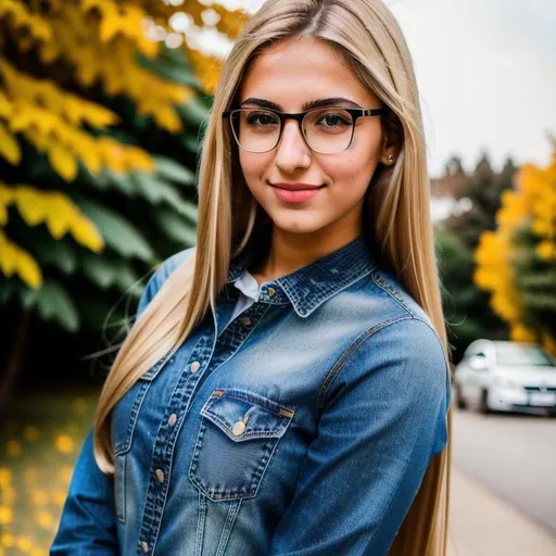 Prompt: Full body photo of a beautiful young iran woman. wear school uniform, glasses, long jeans. She has long, straight, blonde hair, blue eyes. She is 17 years old, smooth skin, cute face, perfect hands, Ultra details, 8k, 85mm lens,f8, photography,  natural light, ultra detailed