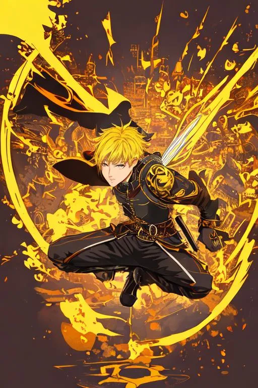 Prompt: 2D flat color fantasy medieval city silhouette vector background, action shot, extreme long shot wide view, full frame wide angle,

masterpiece intricate hyperdetailed best quality flat color pencil sketch 2D 1 anime boy joyful, blonde short hair, detailed yellow and black fantasy leather and cotton clothes, detailed face,

jumping, dynamic pose,

precise hard pencil strokes, thick and hard pencil outline,

hyperdetailed 2D vector concept art picture, vector, illustration, character concept,

2D fantasy concept art style, inspired by final fantasy art, adventure, inspiring, colorful, heroic fantasy art,