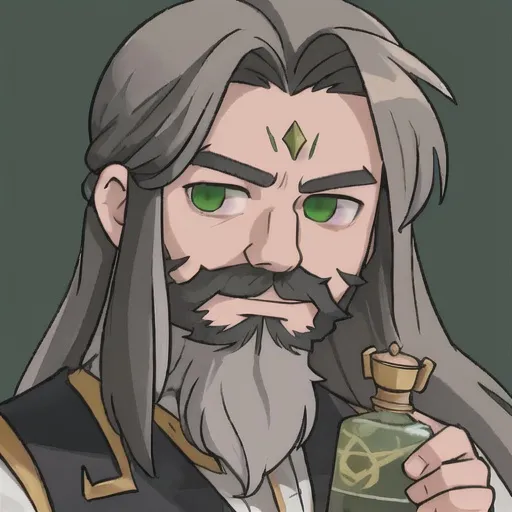 Prompt: God of alchemy, grey hair, green eyes, portrait, detailed, male, long hair, contrasting pink beard, 