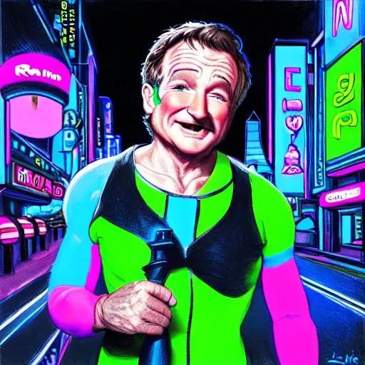 Prompt: Robin Williams as a mime in a futuristic city painted in pastel neon