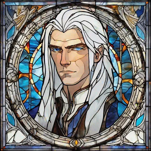 Prompt: stained glass window of young human man mage with white hair, blue eyes