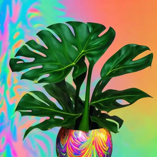 Prompt: Miniature Monstera in a vase in the style of Lisa frank