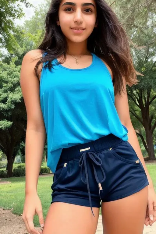 Prompt: Iranian Girl, 17yo, blue tank top, shorts, Park,