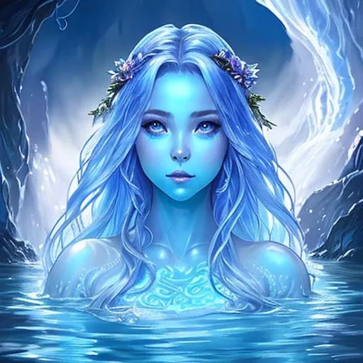 Prompt: Portrait of a {naiad}, skin that looks like it's made of water, blue skin,  blue face, fantasy, lady made of water, hair looks like a river, long intense lighting, detailed face, long flowing hair like a river, by  concept art, digital painting, dungeon and dragons, body made of water, elemental being, lady made out of water, water looks like a person