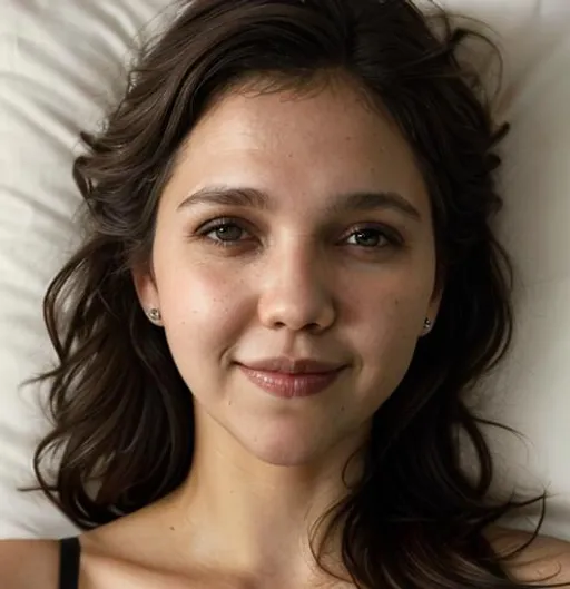 Prompt: maggie gyllenhaal, closeup photo, black t shirt, even eyes, huge smile, smiling, resting head on bed pillow, very close to face, hyper detailed perfect face, beautiful, portrait, eye contact, smiling # woman , high-resolution perfect face, perfect proportions, intricate hyperdetailed hair, light makeup, in hotel, highly detailed, intricate hyperdetailed eyes, ethereal, graceful, HDR, UHD, high res, 64k, cinematic lighting, special effects,